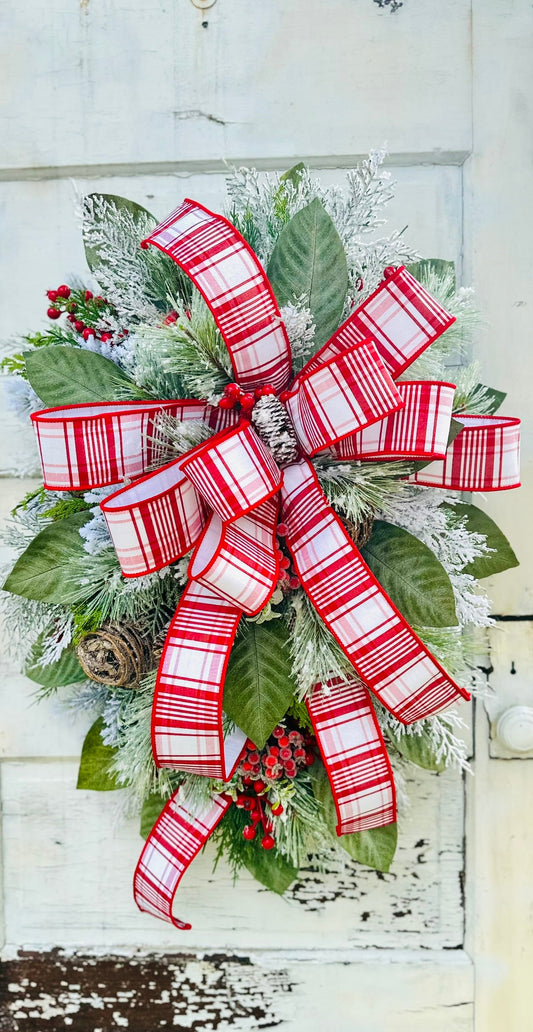 Red/White Christmas Door Swag with Red Berries and Flocked Pine Decor-TCT1577 TCT Crafts