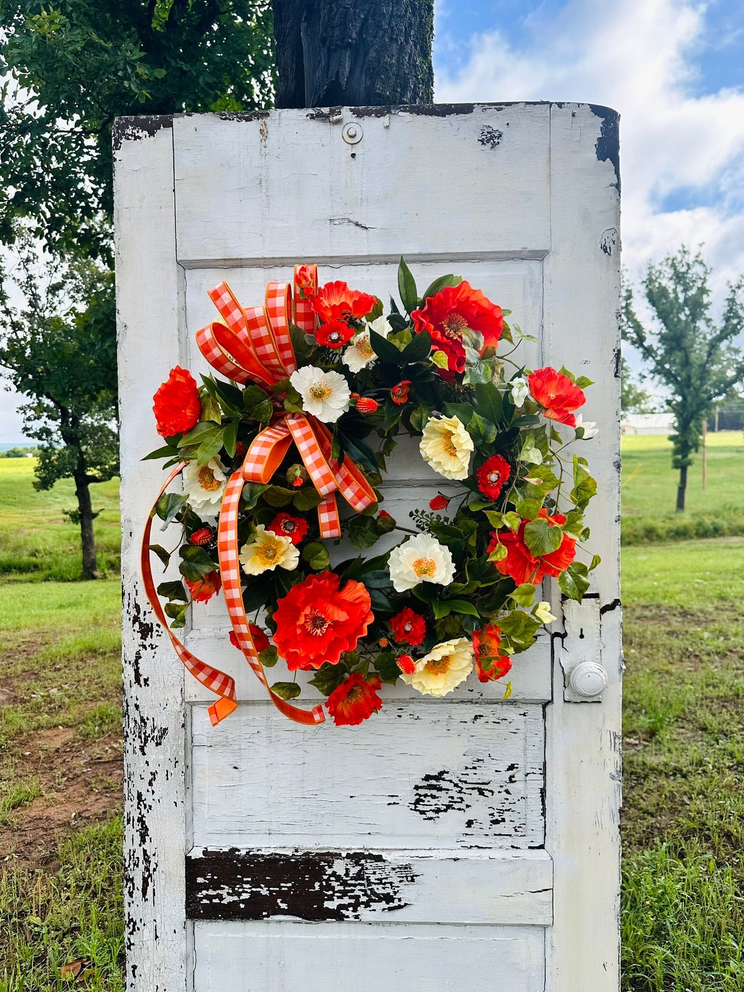 28" Summer Poppy Grapevine Wreath with Real Touch Ivy & Ribbon TCT Crafts