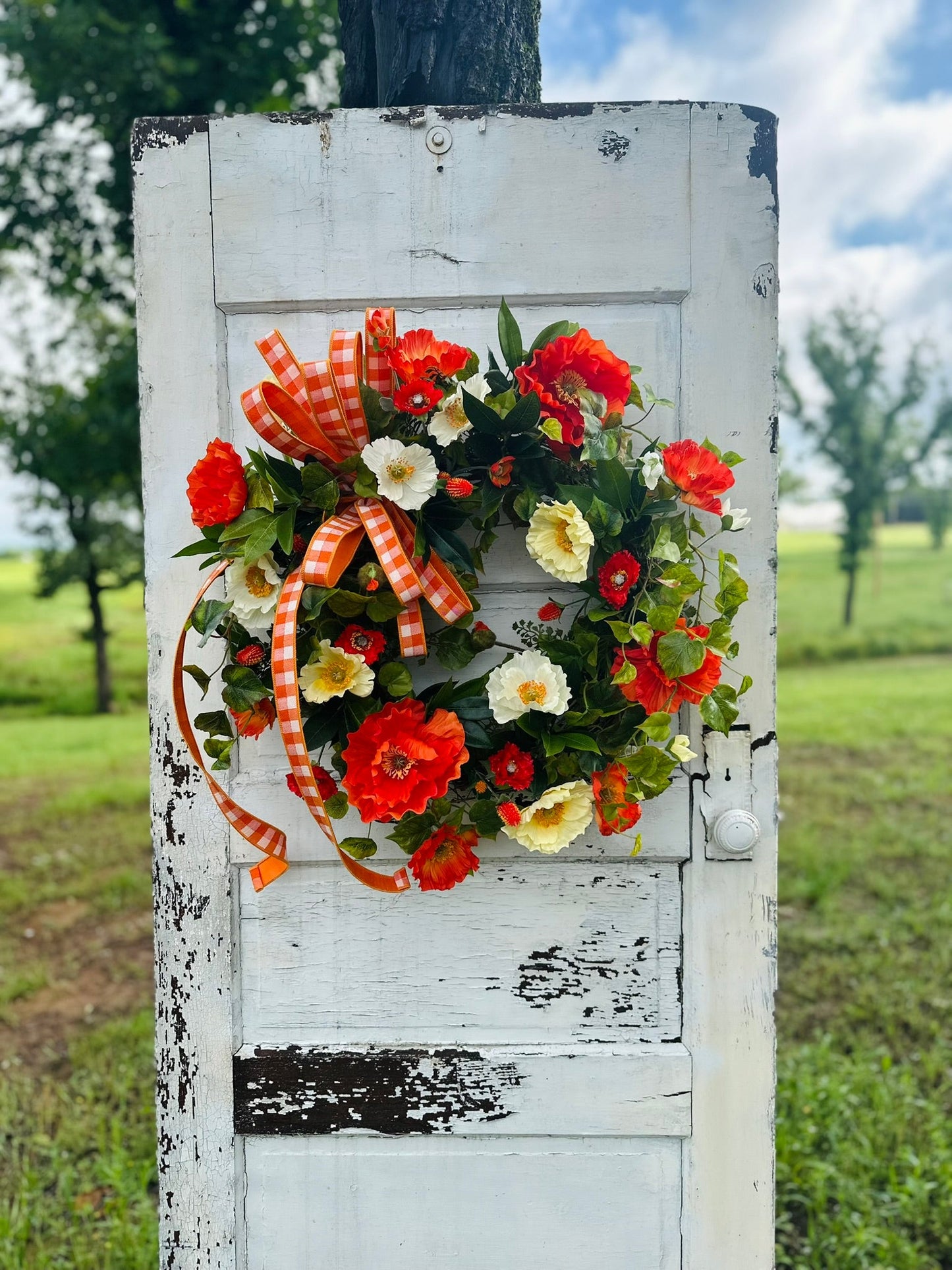 28" Summer Poppy Grapevine Wreath with Real Touch Ivy & Ribbon TCT Crafts