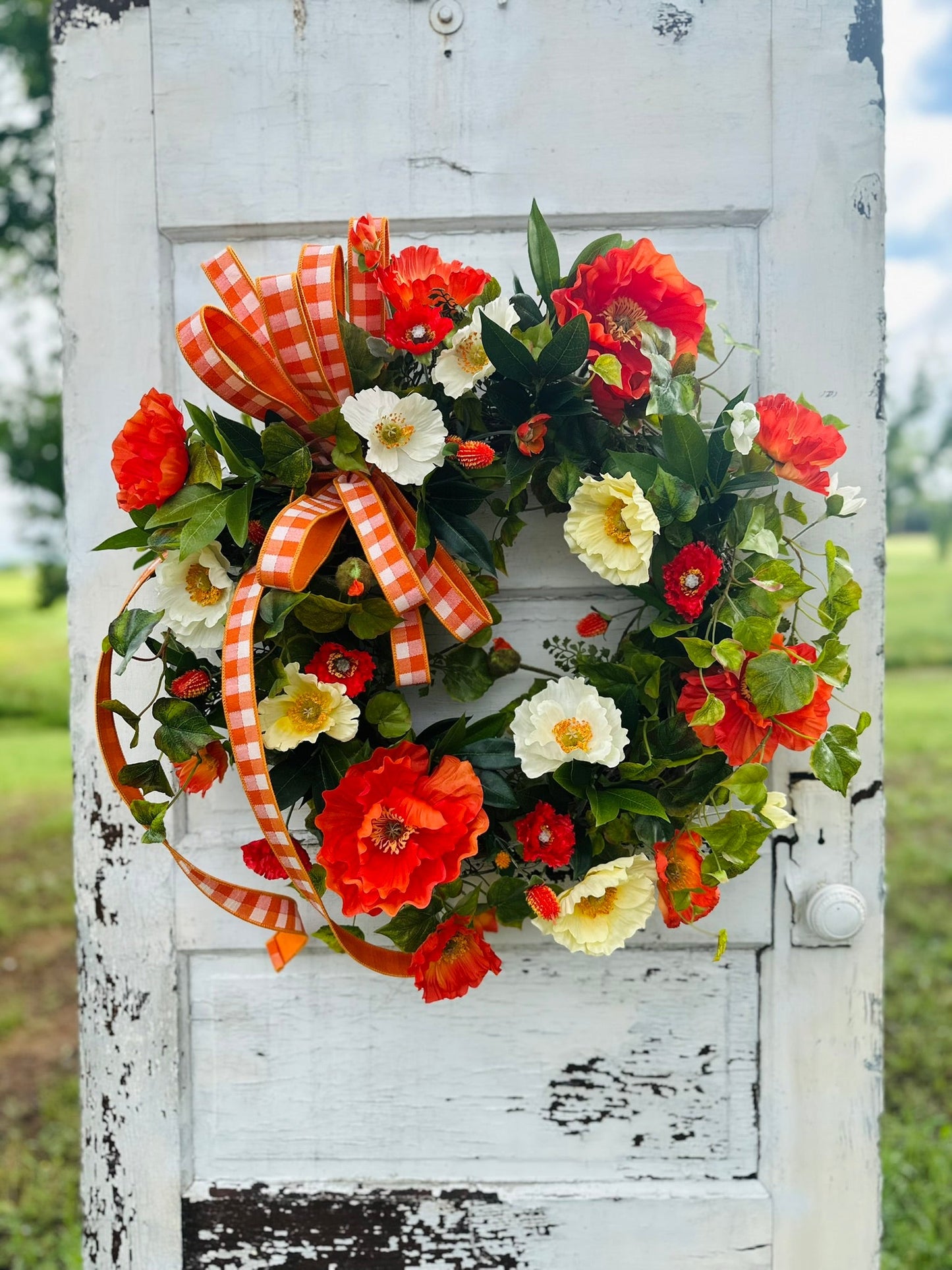 28" Summer Poppy Grapevine Wreath with Real Touch Ivy & Ribbon TCT Crafts