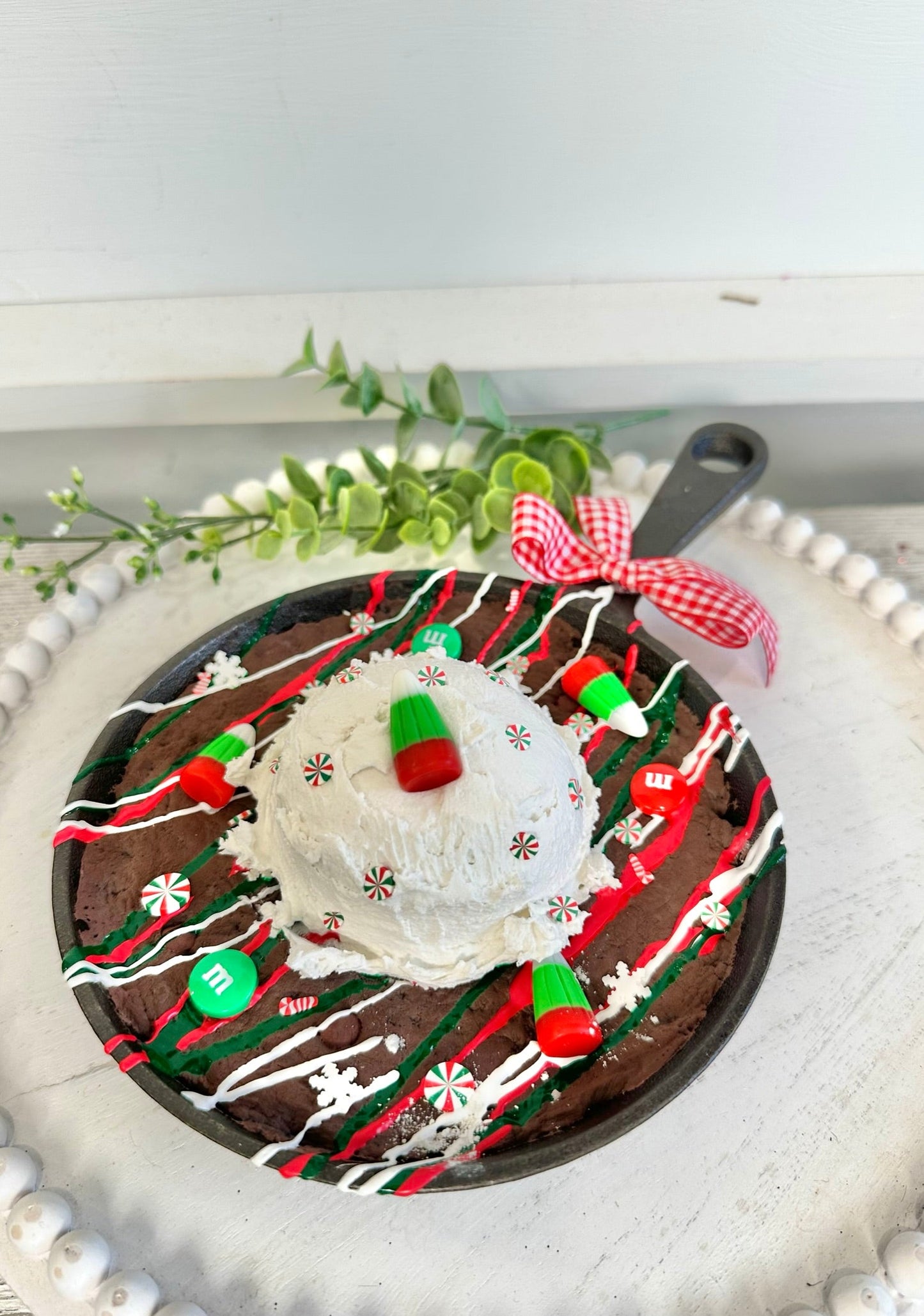 Decorative Faux Chocolate Skillet Brownie Cookie with Traditional Red/Green Christmas Holiday Sprinkles - 6" Mini Cast Iron Pan Decor TCT Crafts