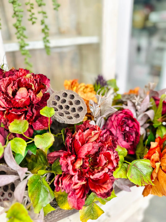 Fall Peony & Rose Arrangement | Artificial Autumn Centerpiece in Rustic Wood Tray TCT Crafts