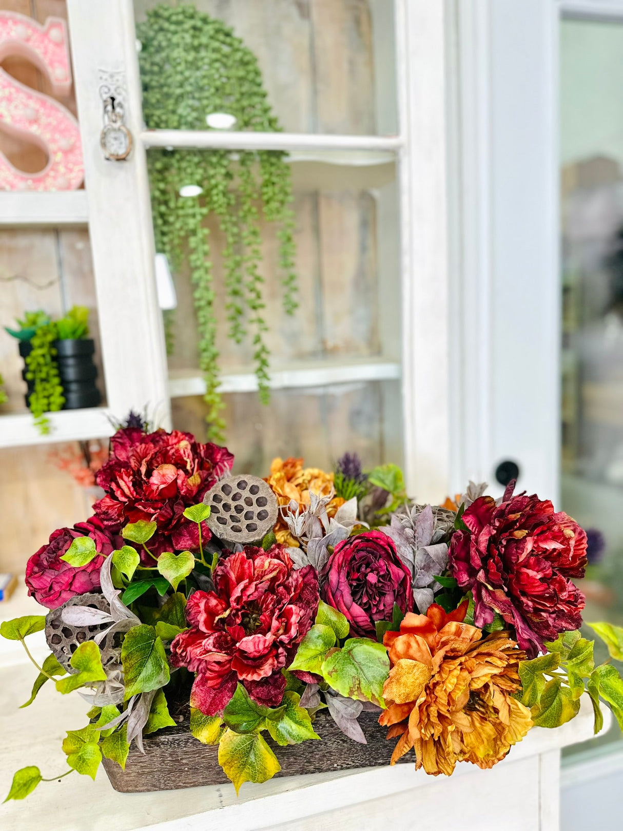 Fall Peony & Rose Arrangement | Artificial Autumn Centerpiece in Rustic Wood Tray TCT Crafts