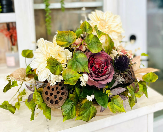 Fall Floral Centerpiece with Cream Dahlias & Burgundy Roses – Autumn Home Decor TCT Crafts