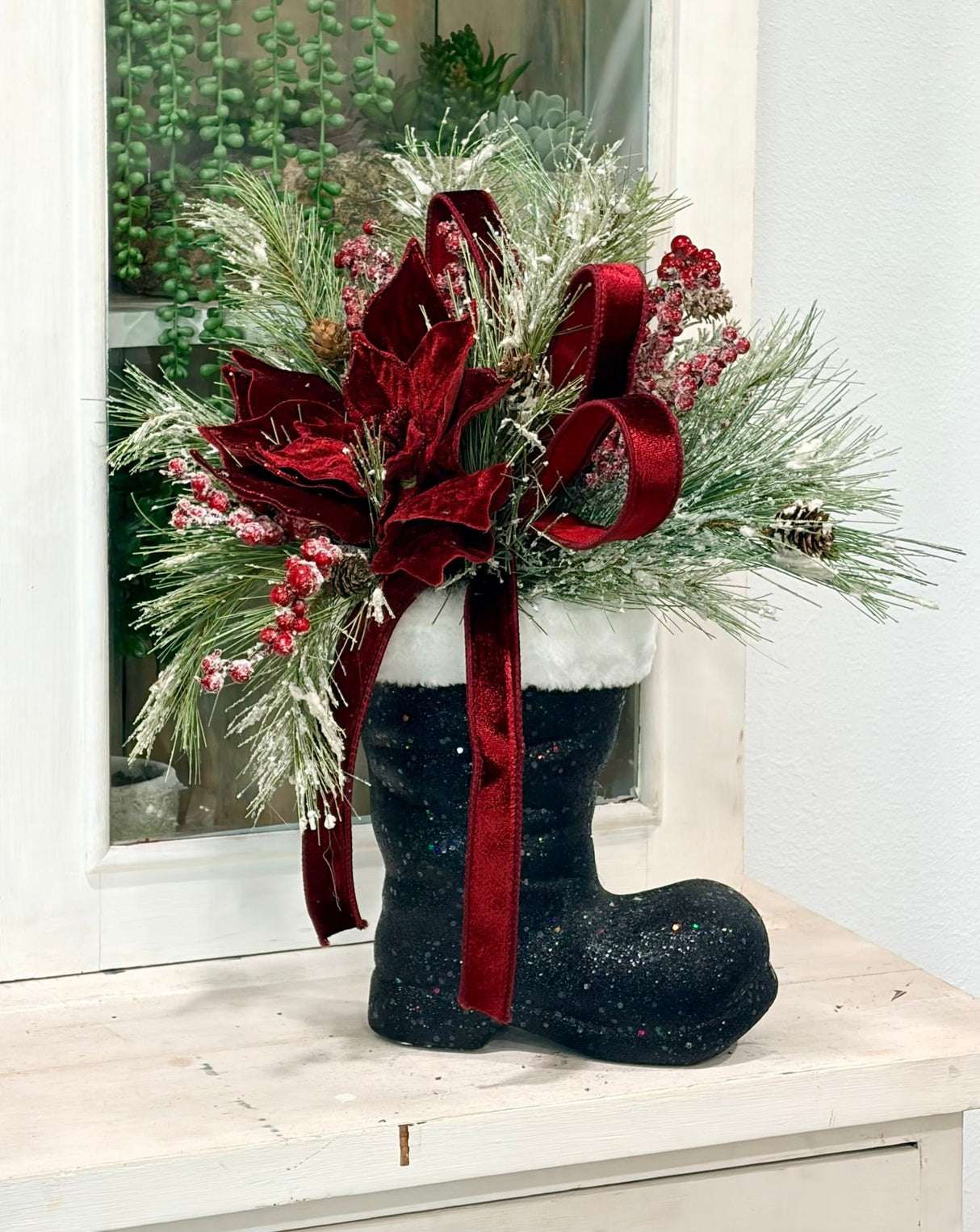 Burgundy Poinsettia Pine Santa Boot Arrangement – 20" Elegant Holiday Floral Decor TCT Crafts
