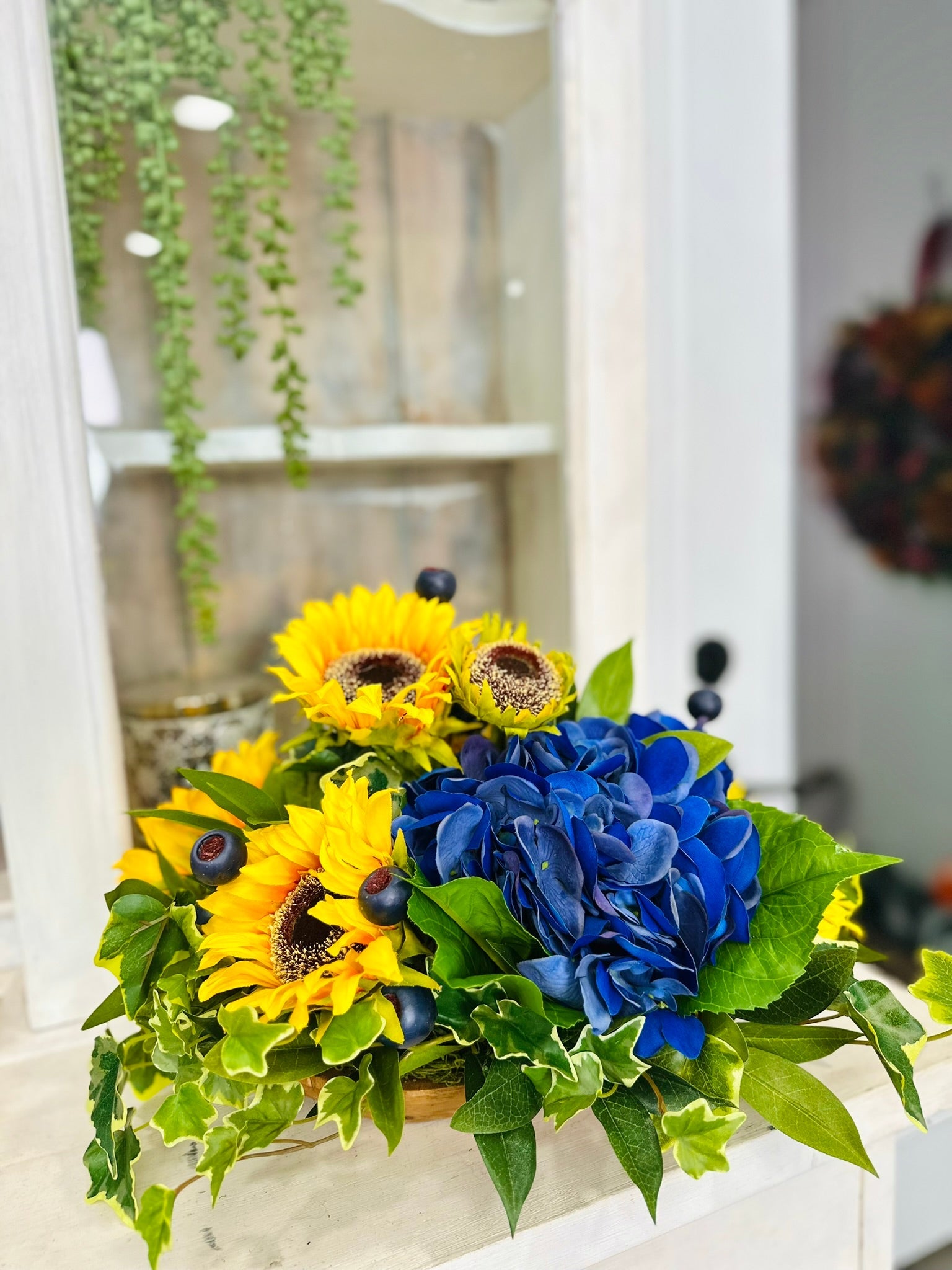 Sunflower & Blue Hydrangea Table Arrangement – Summer to Fall Real Touch Floral Decor TCT Crafts