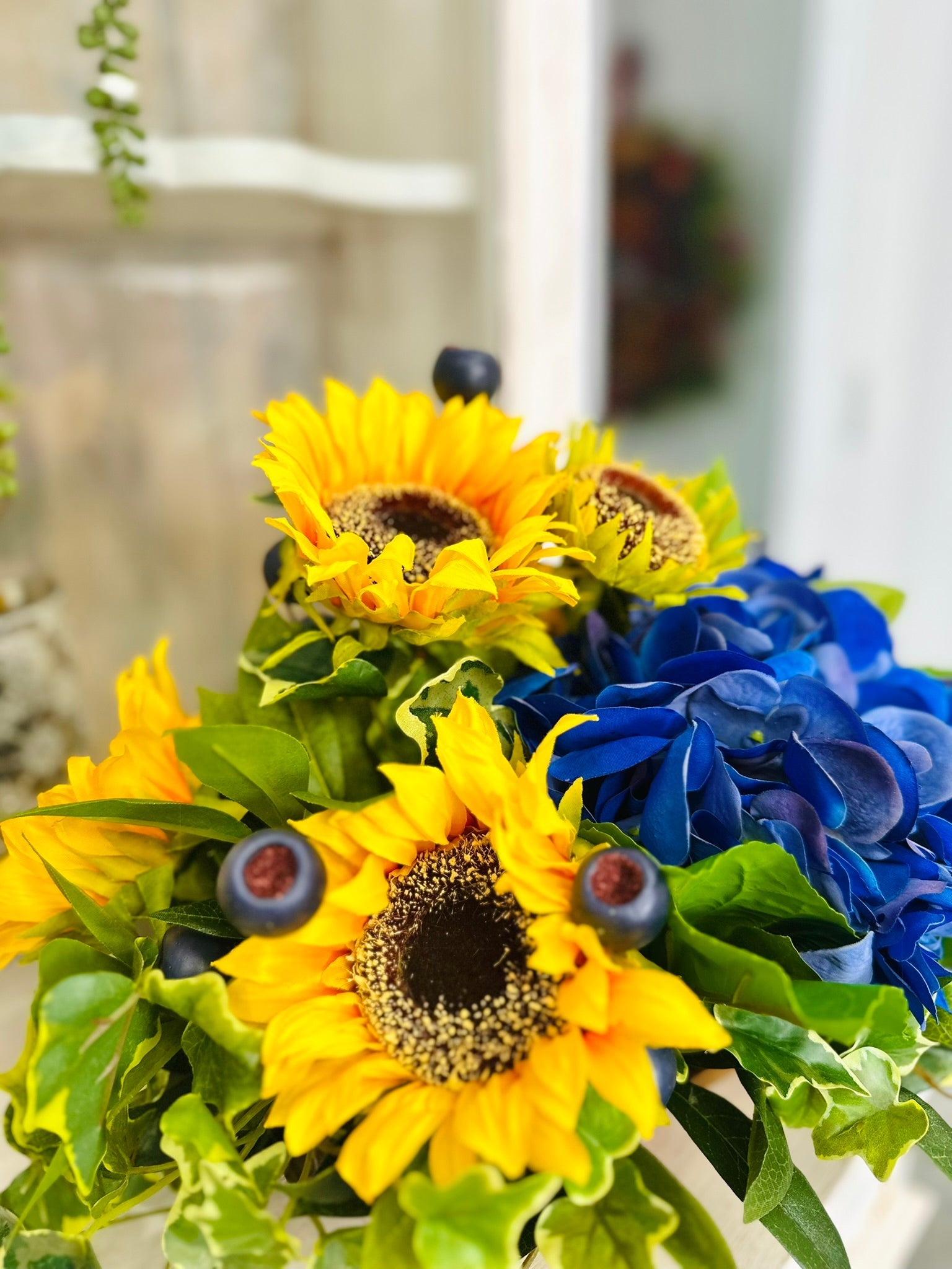 Sunflower & Blue Hydrangea Table Arrangement – Summer to Fall Real Touch Floral Decor TCT Crafts