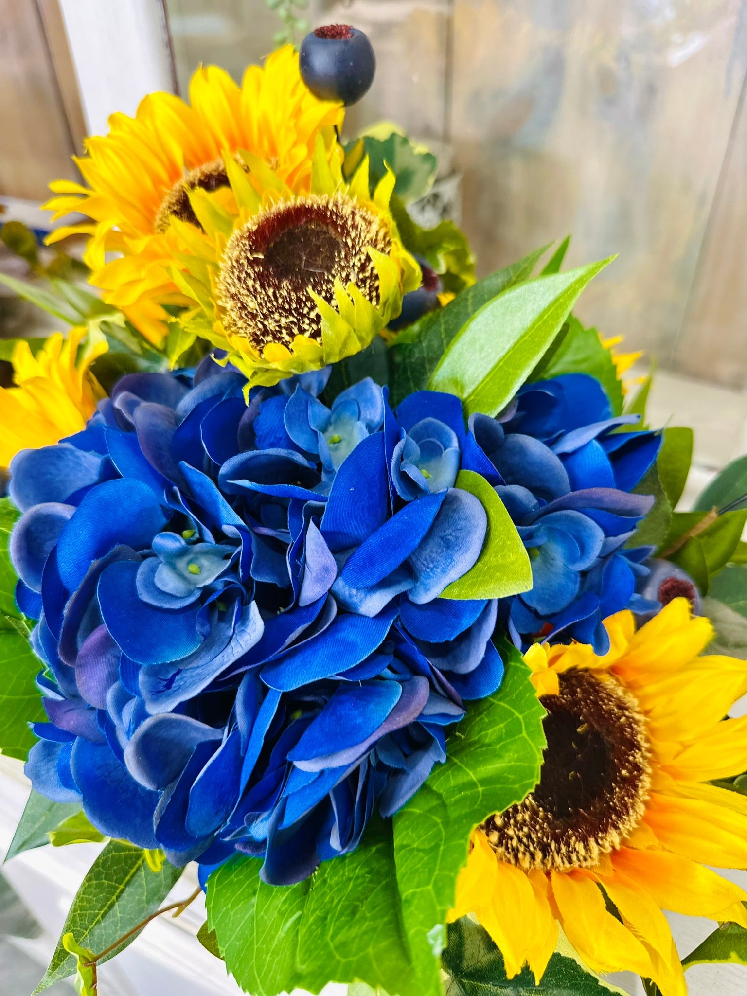 Sunflower & Blue Hydrangea Table Arrangement – Summer to Fall Real Touch Floral Decor TCT Crafts