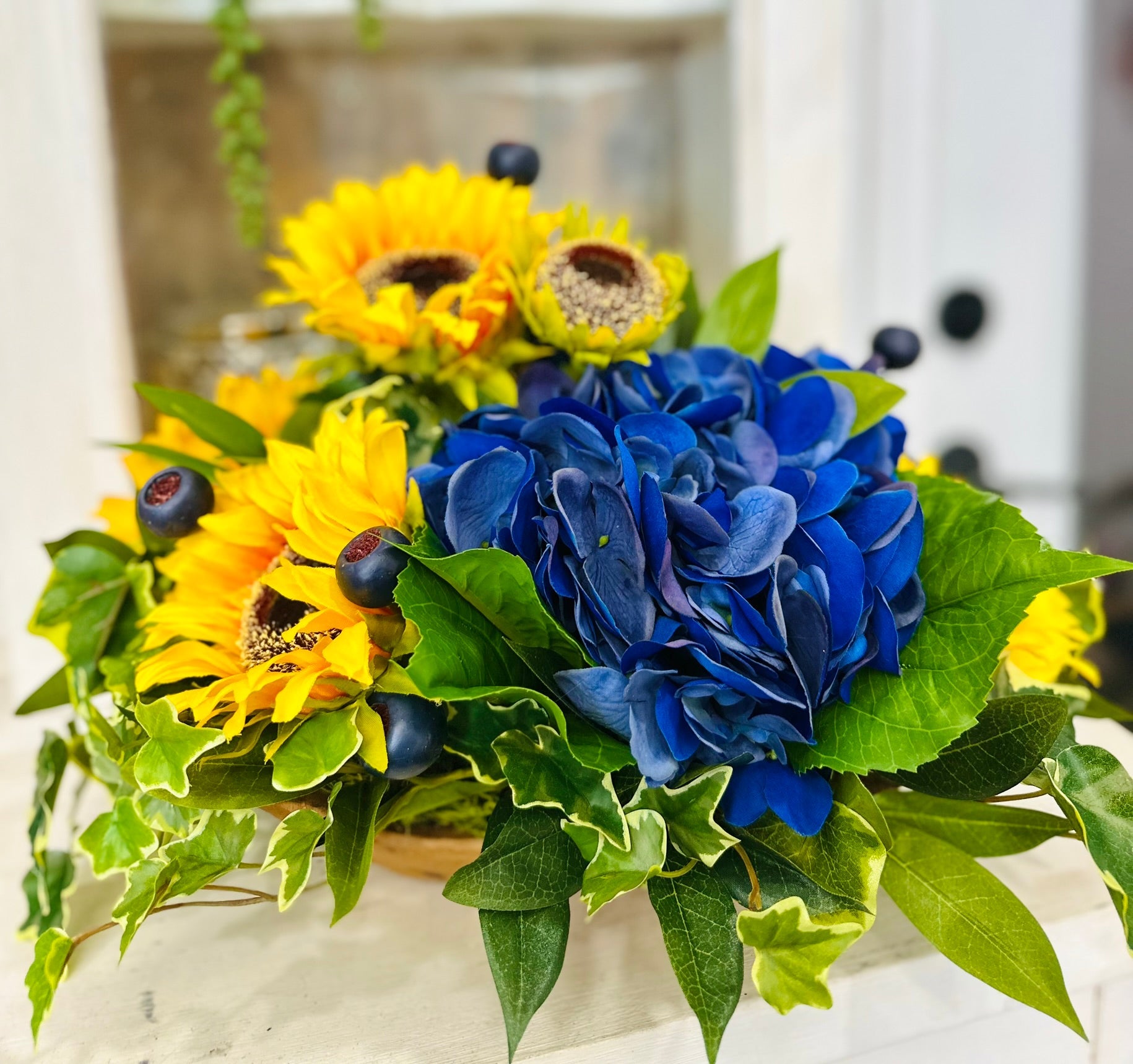 Sunflower & Blue Hydrangea Table Arrangement – Summer to Fall Real Touch Floral Decor TCT Crafts