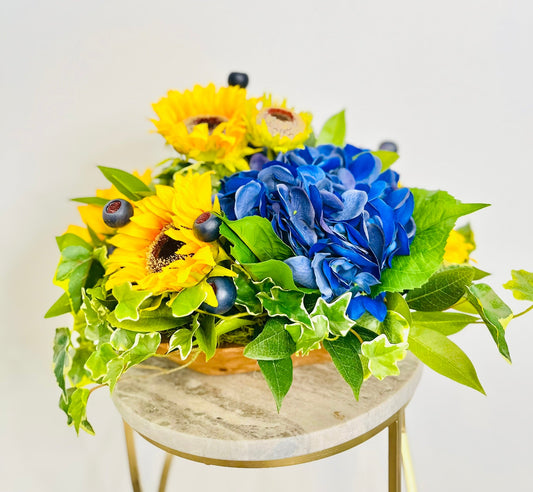 Sunflower & Blue Hydrangea Table Arrangement – Summer to Fall Real Touch Floral Decor TCT Crafts