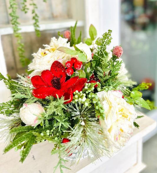Christmas Arrangement with Snowy Peonies & Red Velvet Magnolia in White Compote TCT Crafts