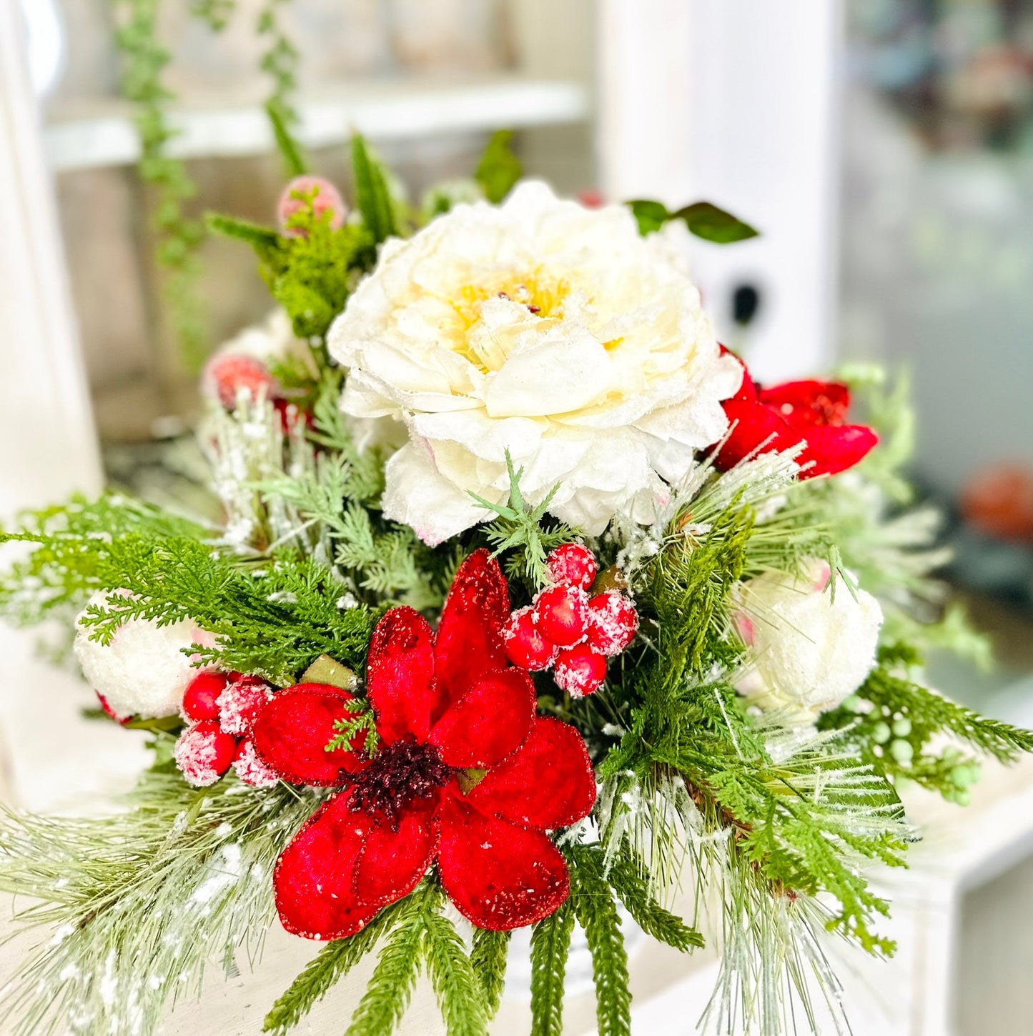 Christmas Arrangement with Snowy Peonies & Red Velvet Magnolia in White Compote TCT Crafts