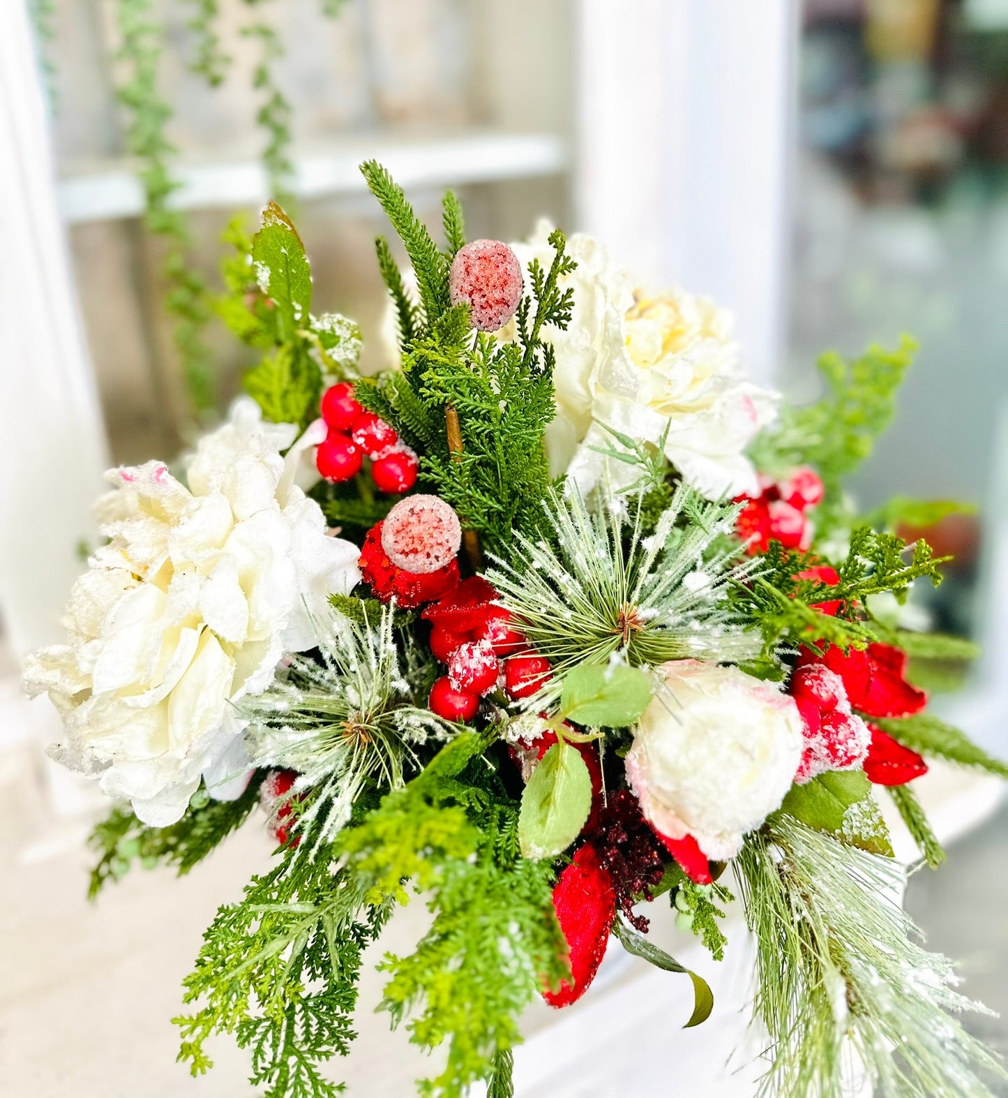 Christmas Arrangement with Snowy Peonies & Red Velvet Magnolia in White Compote TCT Crafts
