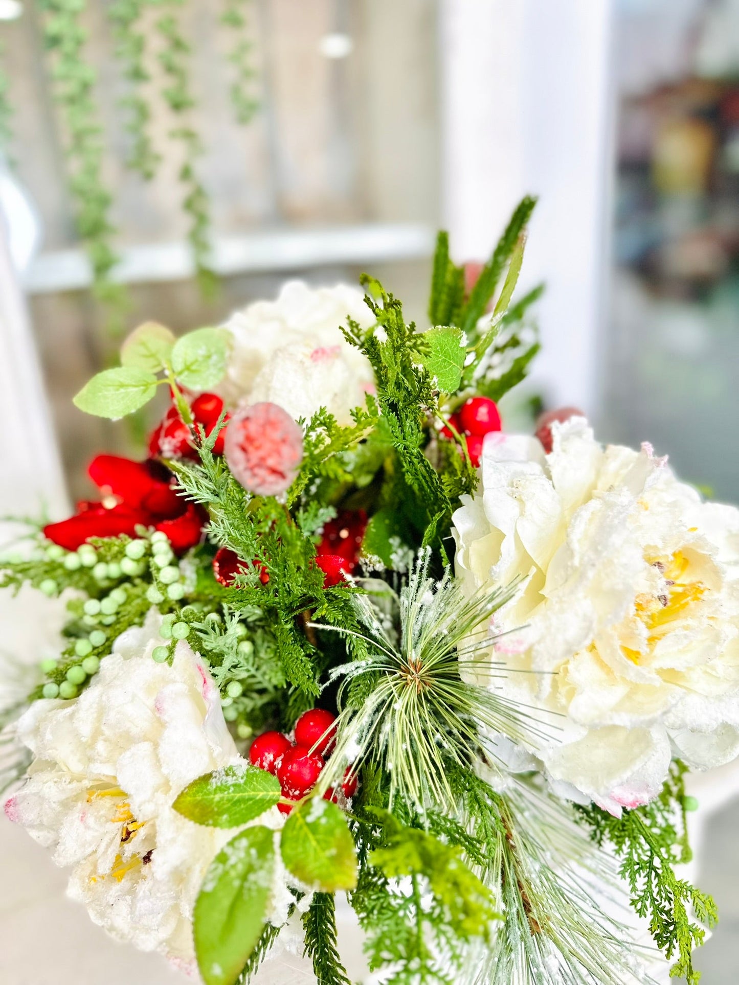 Christmas Arrangement with Snowy Peonies & Red Velvet Magnolia in White Compote TCT Crafts