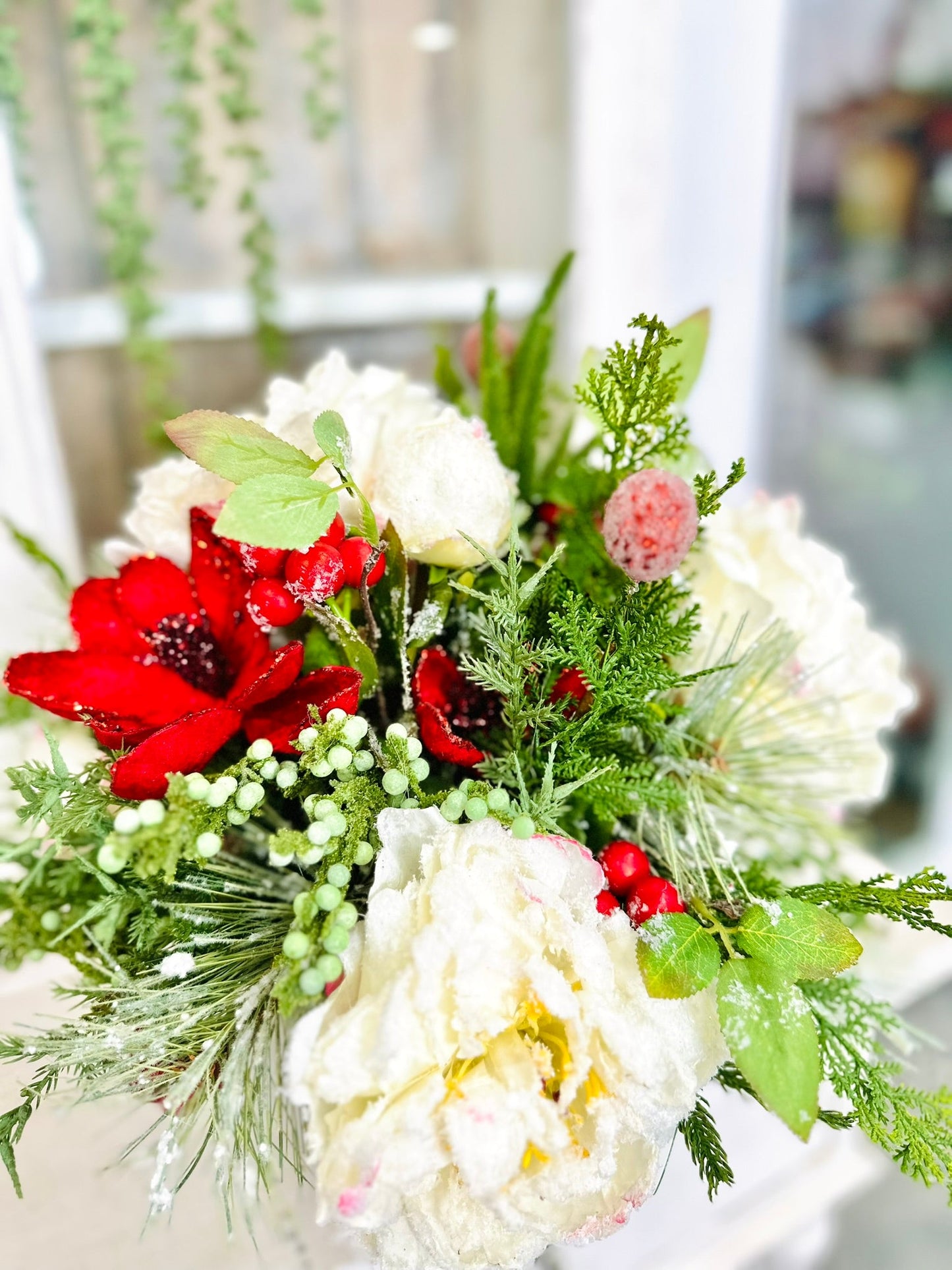 Christmas Arrangement with Snowy Peonies & Red Velvet Magnolia in White Compote TCT Crafts