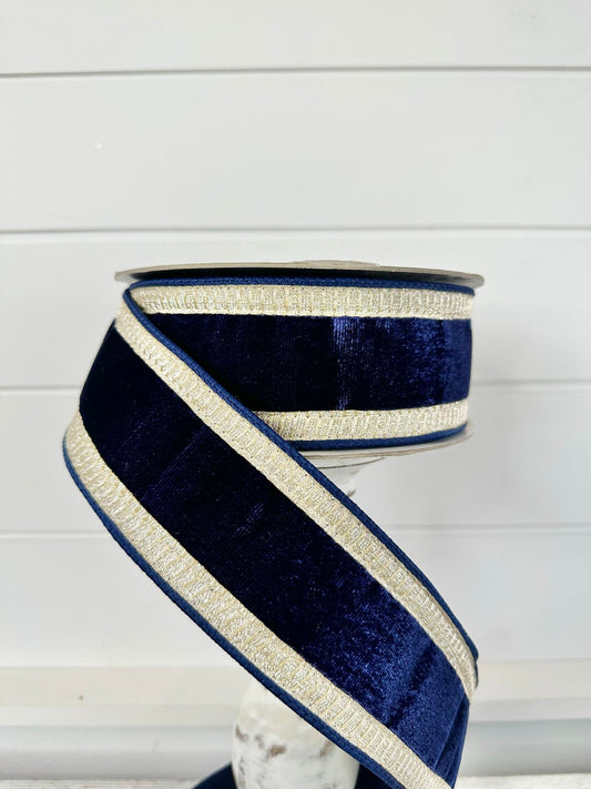 2.5"x10yd Designer Farrisilk Pleated Borders Velvet Holiday Ribbon in Navy & Platinum - Luxurious Elegance Holiday Ribbon-RK299-21 Farrisilk