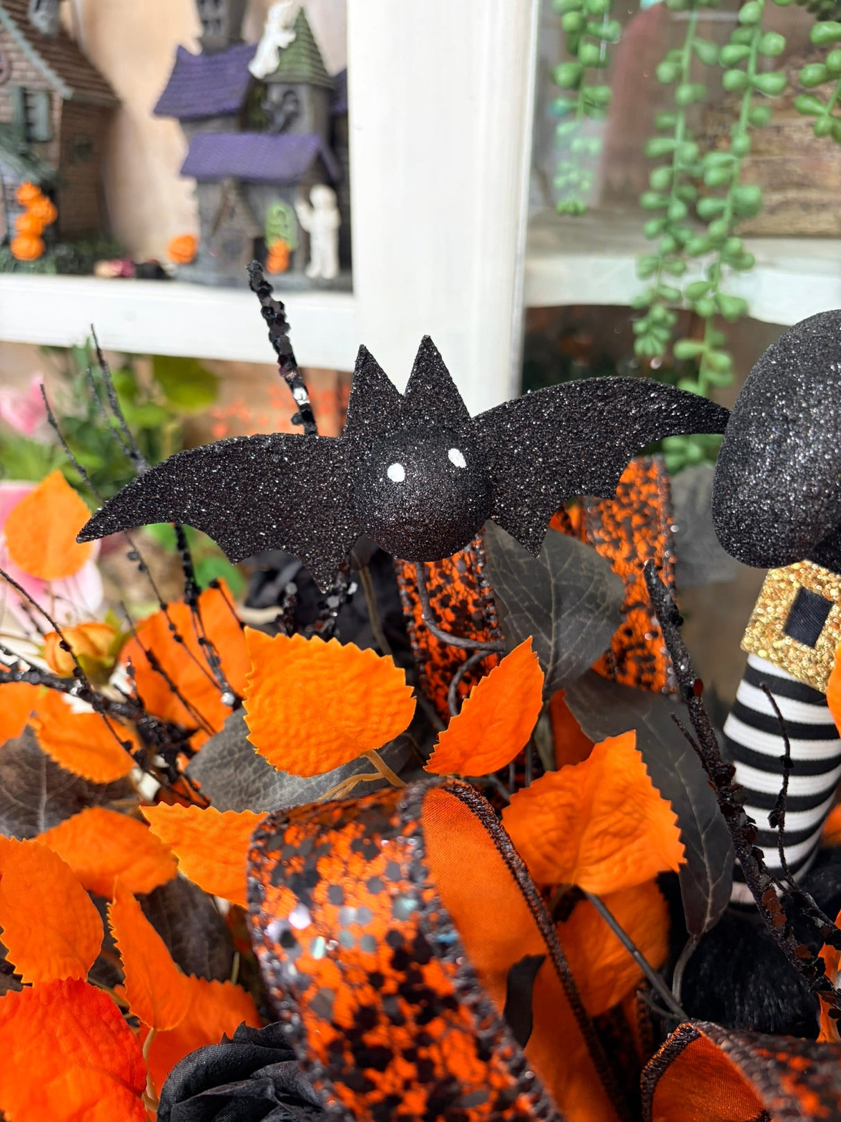 Halloween Witch Legs Centerpiece — 27 Inch Orange Black Bat Rose Arrangement TCT Crafts