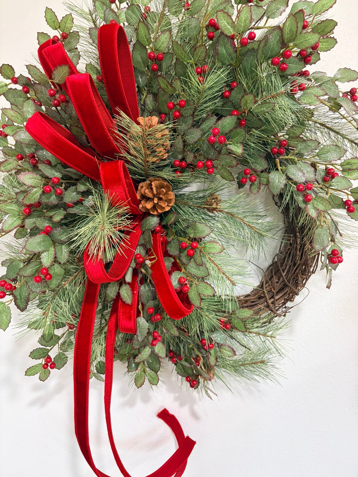 Classic Holly Pine Wreath | Red Velvet Farrisilk Ribbon Grapevine | 26" TCT Crafts