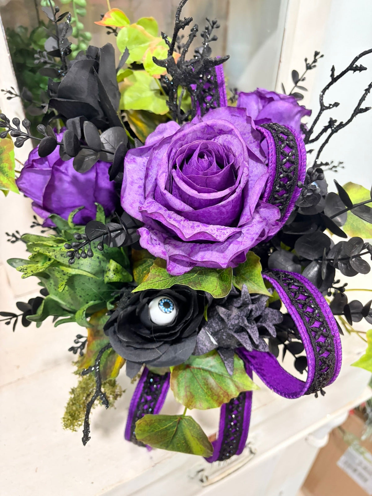 Elegant Halloween Floral Arrangement in Black Compote with Eyeball & Rose Accents – 14” TCT Crafts