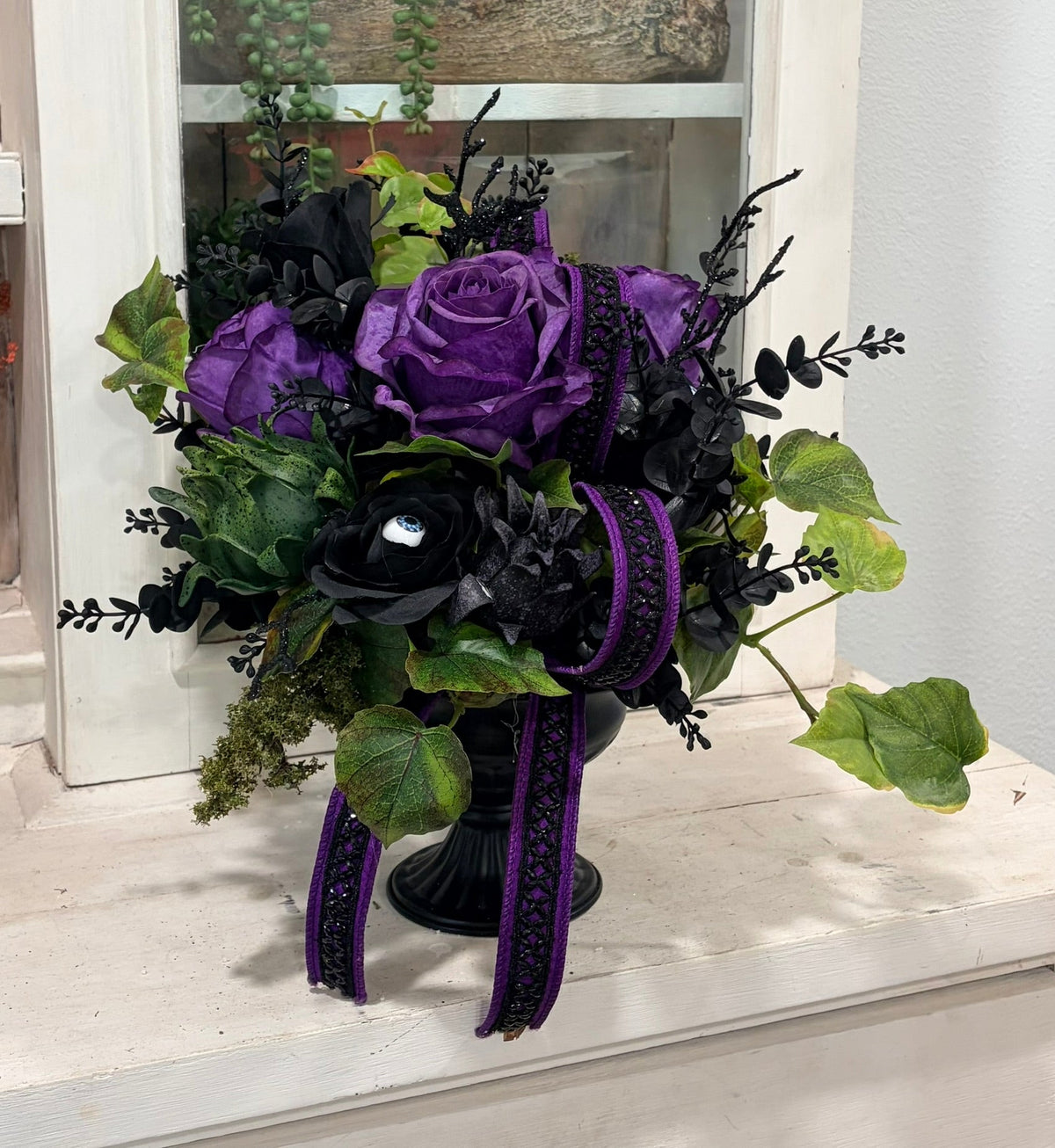 Elegant Halloween Floral Arrangement in Black Compote with Eyeball & Rose Accents – 14” TCT Crafts