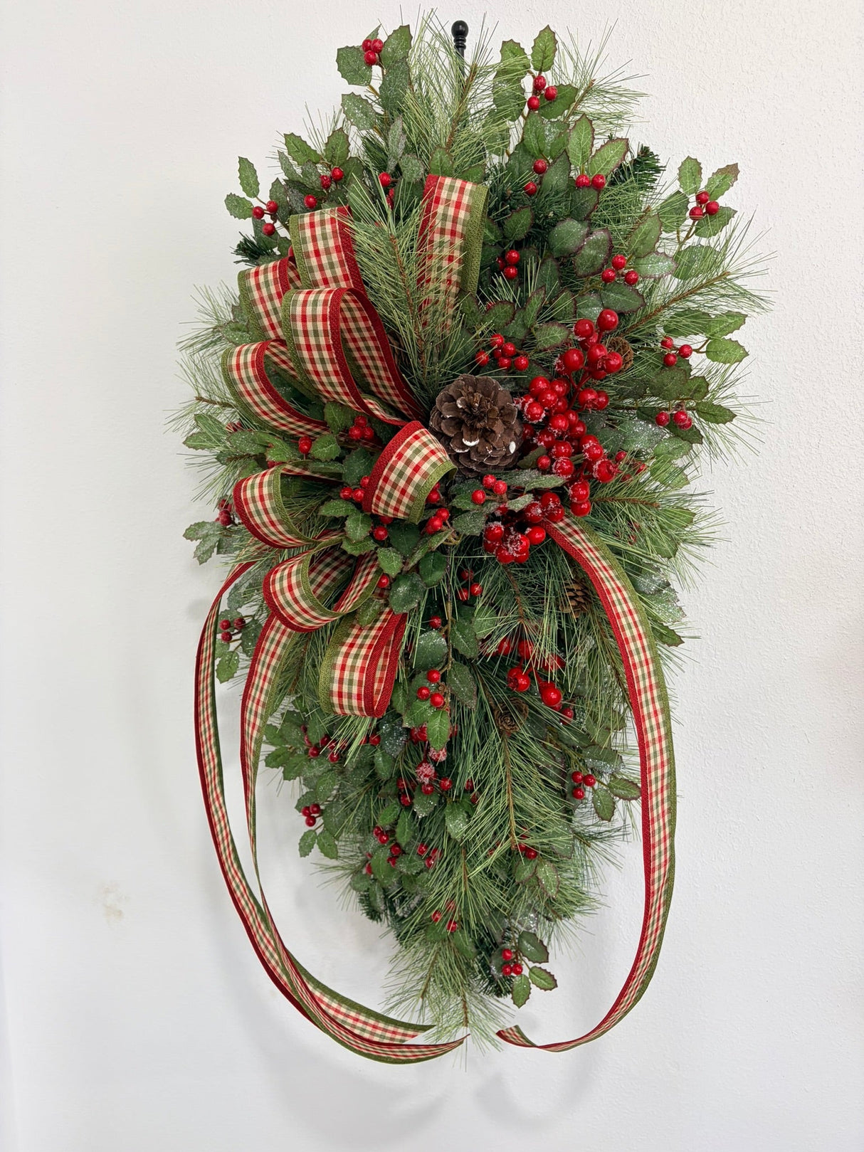 Deluxe Holly Pine Christmas Swag | Red Plaid Ribbon Bow | 36"x20" TCT Crafts