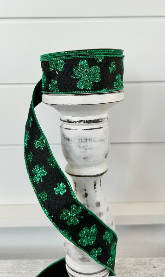 1.5"x10yd Wired Glitter Shamrocks St. Patrick's Day Ribbon - Black/Kelly Green - TCT Crafts - RGE112202 RG Ribbon