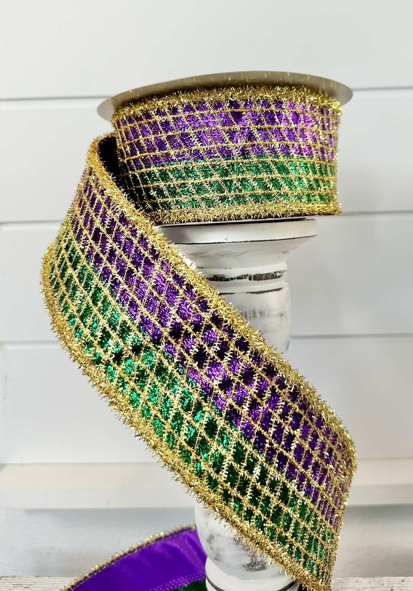 2.5"x10yd Purple/Green/Gold Mardi Gras Ribbon - Metallic Mesh with Tinsel - TCT Crafts - RGC8044 Craig Bachman