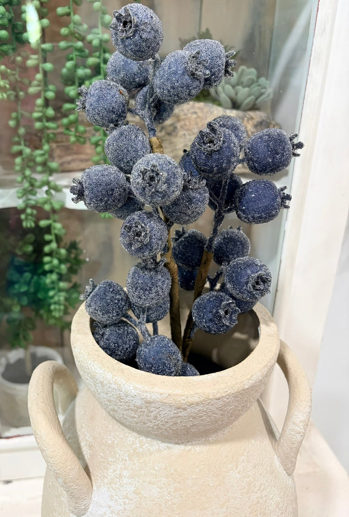 Blue Berry Spray | Iced Glitter Christmas Berry Pick | 21" Spray-255729 Direct Export