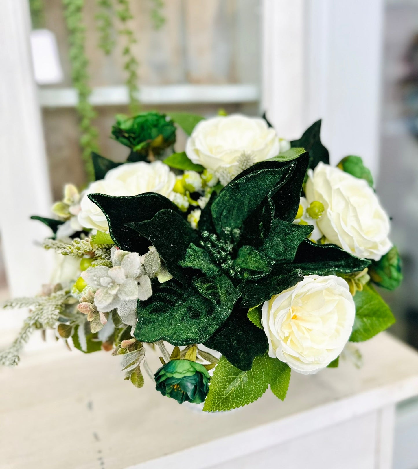 Emerald Green and White Centerpiece – Velvet Holiday or Wedding Arrangement TCT Crafts