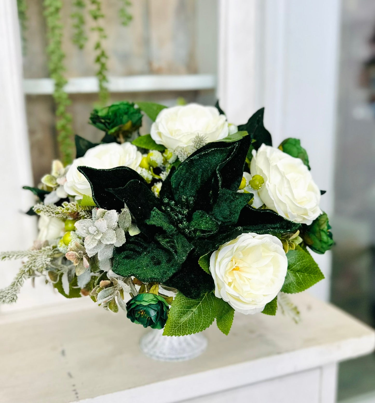 Emerald Green and White Centerpiece – Velvet Holiday or Wedding Arrangement TCT Crafts