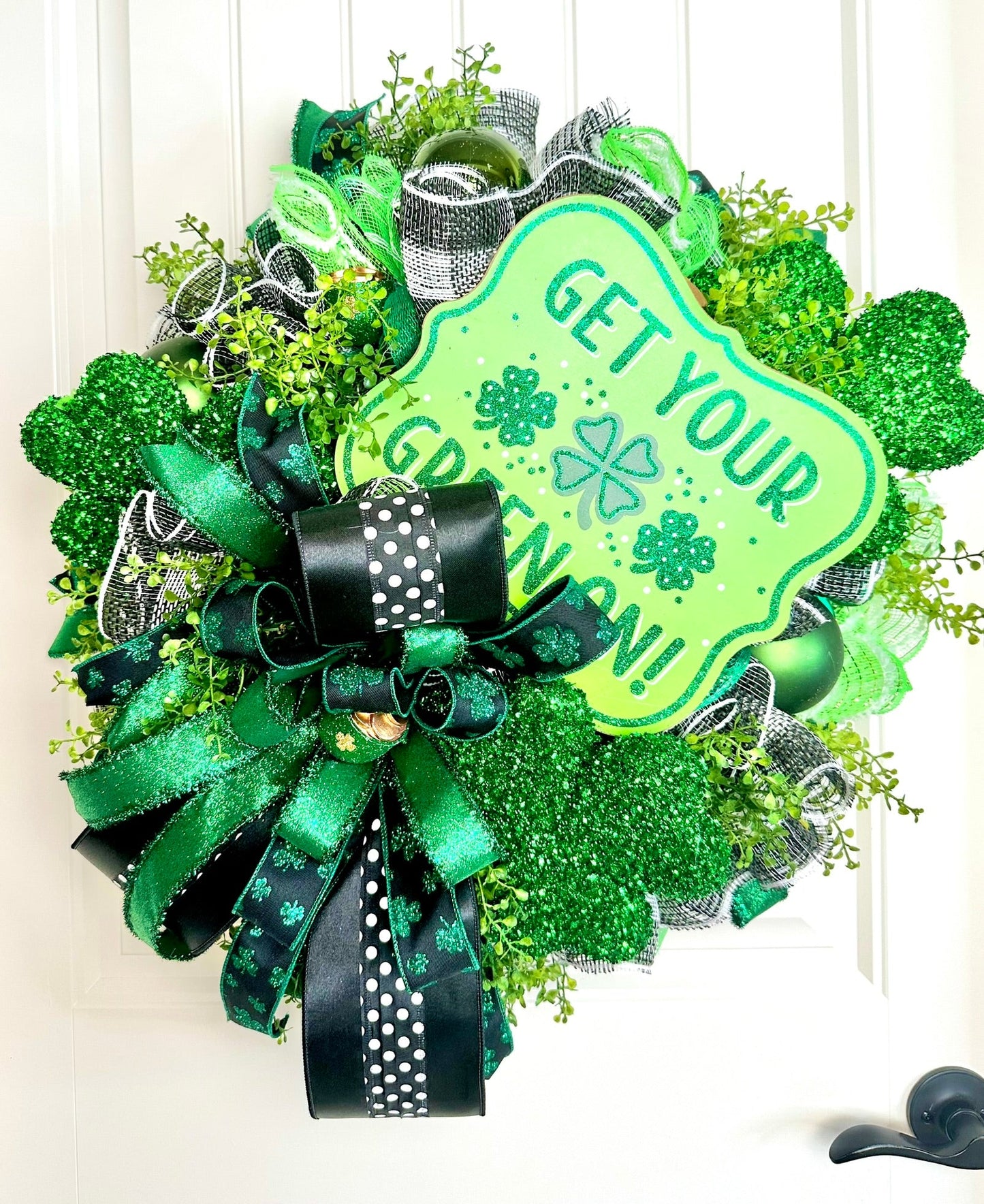 Irish Themed St. Patrick's Day Wreath-Handmade Door Decor-Glitter Shamrocks-Pot of Gold-Green Ornaments-Artificial Greenery-TCT Crafts TCT Crafts