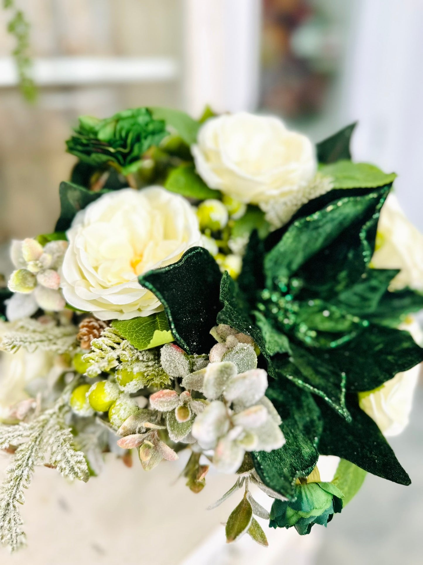 Emerald Green and White Centerpiece – Velvet Holiday or Wedding Arrangement TCT Crafts