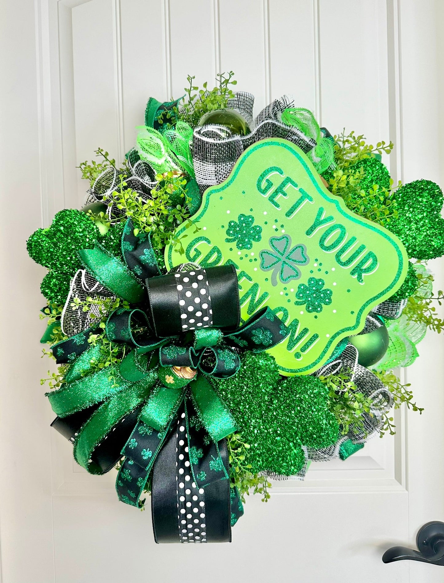Irish Themed St. Patrick's Day Wreath-Handmade Door Decor-Glitter Shamrocks-Pot of Gold-Green Ornaments-Artificial Greenery-TCT Crafts TCT Crafts