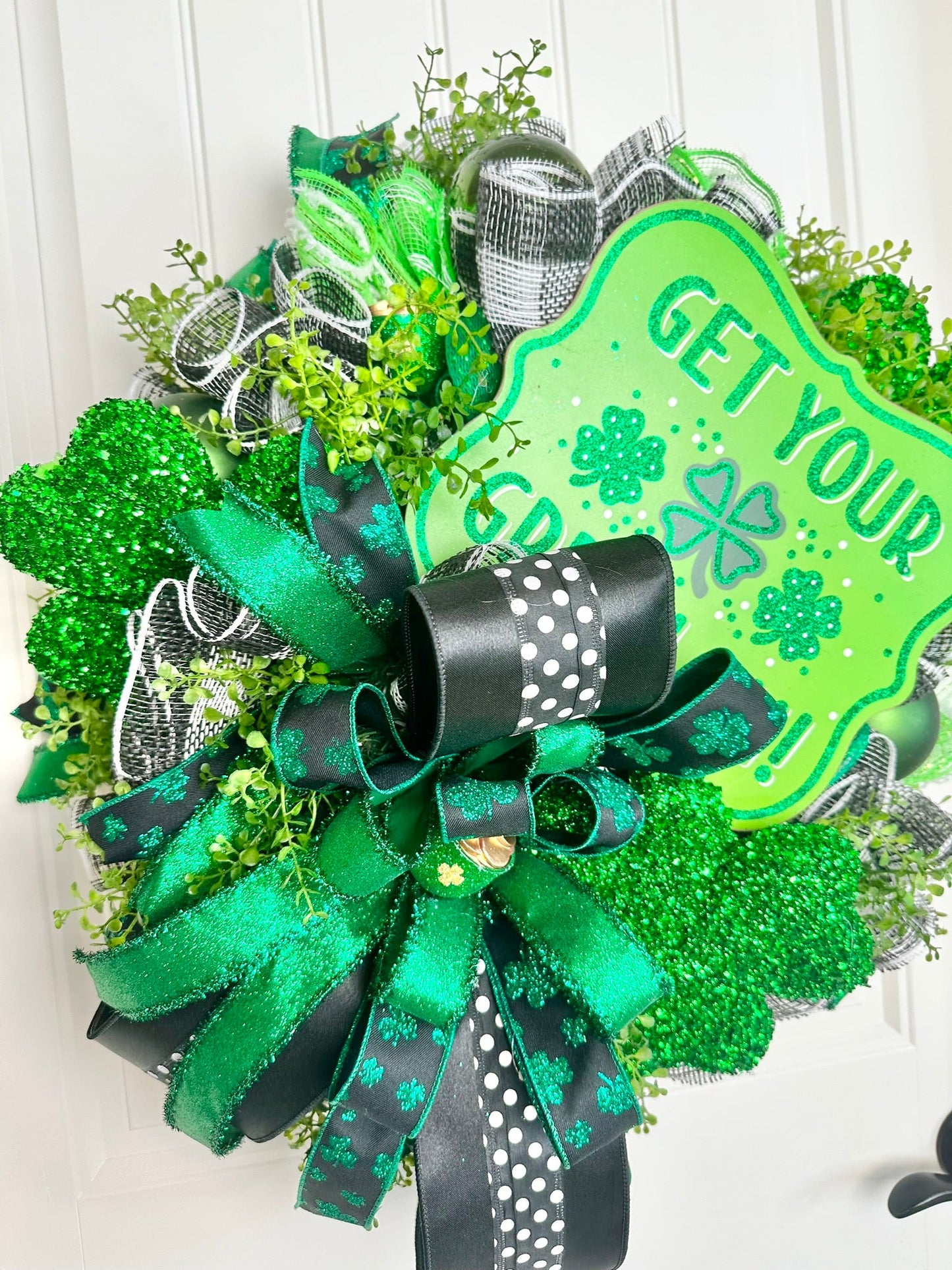 Irish Themed St. Patrick's Day Wreath-Handmade Door Decor-Glitter Shamrocks-Pot of Gold-Green Ornaments-Artificial Greenery-TCT Crafts TCT Crafts