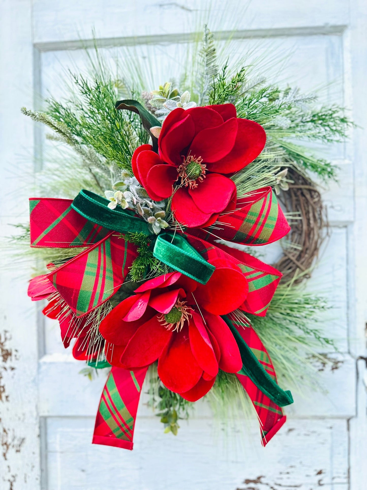 Red Velvet Magnolia Christmas Wreath – Holiday Grapevine Door Decor with Pine & Designer Ribbon TCTCrafts