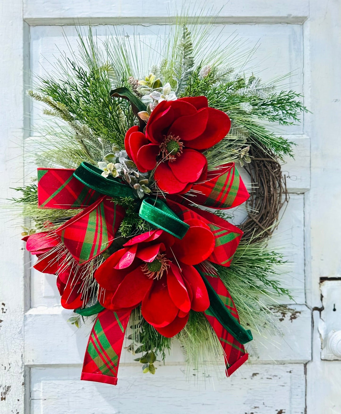 Red Velvet Magnolia Christmas Wreath – Holiday Grapevine Door Decor with Pine & Designer Ribbon TCTCrafts