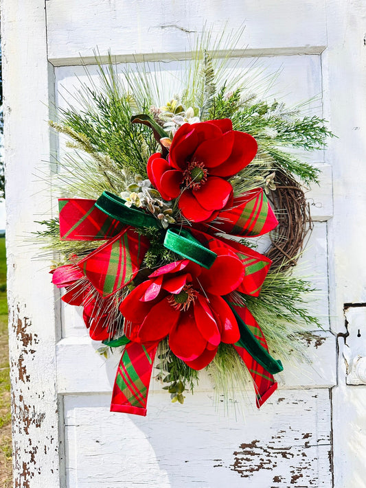 Red Velvet Magnolia Christmas Wreath – Holiday Grapevine Door Decor with Pine & Designer Ribbon TCTCrafts