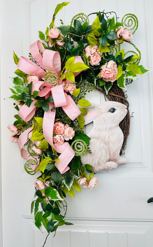 Handcrafted Spring Bunny Wreath - Limited Edition Easter Door Decor with Pink Florals and Ribbon Accents - TCT Crafts Seasonal Decor TCT Crafts