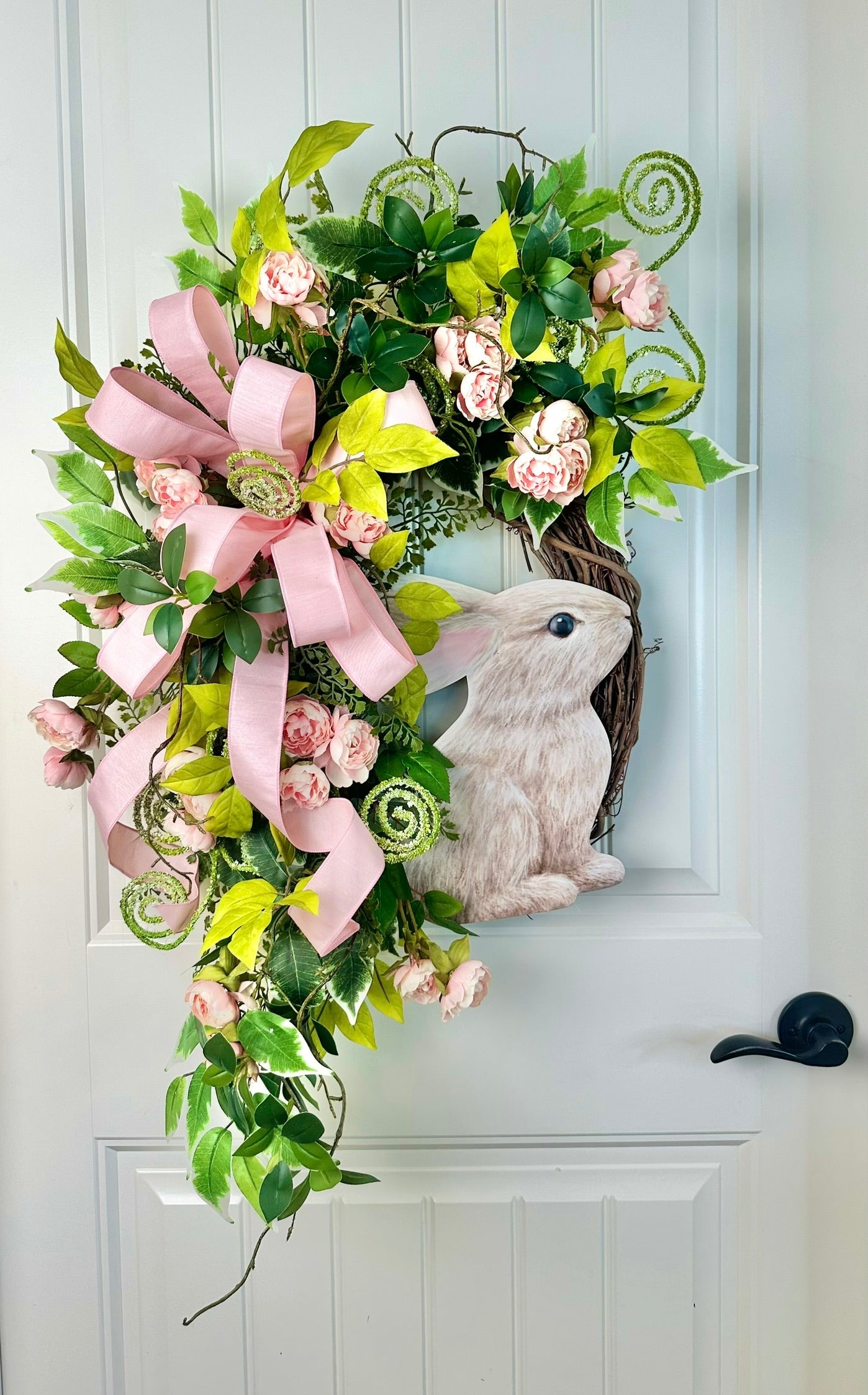 Handcrafted Spring Bunny Wreath - Limited Edition Easter Door Decor with Pink Florals and Ribbon Accents - TCT Crafts Seasonal Decor
