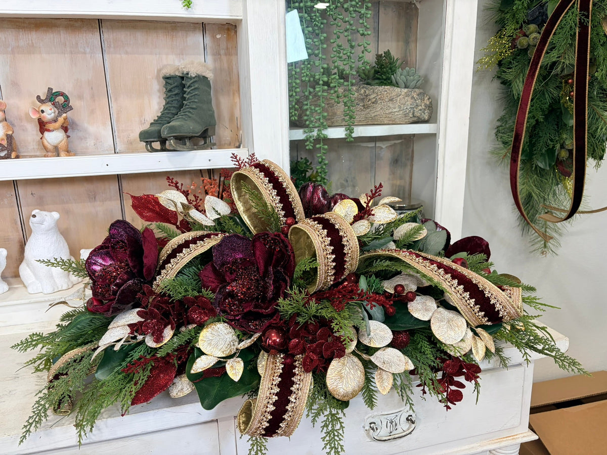 Burgundy & Gold Glam Christmas Centerpiece with Velvet Magnolias & D. Stevens Ribbon-2213 TCT Crafts
