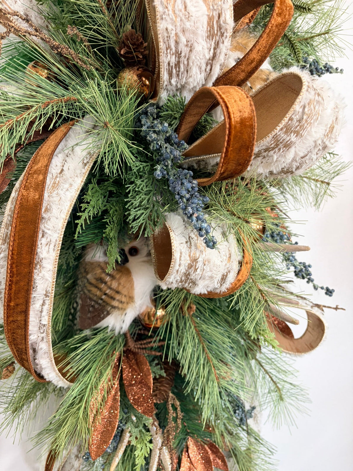 Woodlands Owl & Antler Christmas Door Swag with Southern Pine and Velvet Ribbon-2212 TCT Crafts