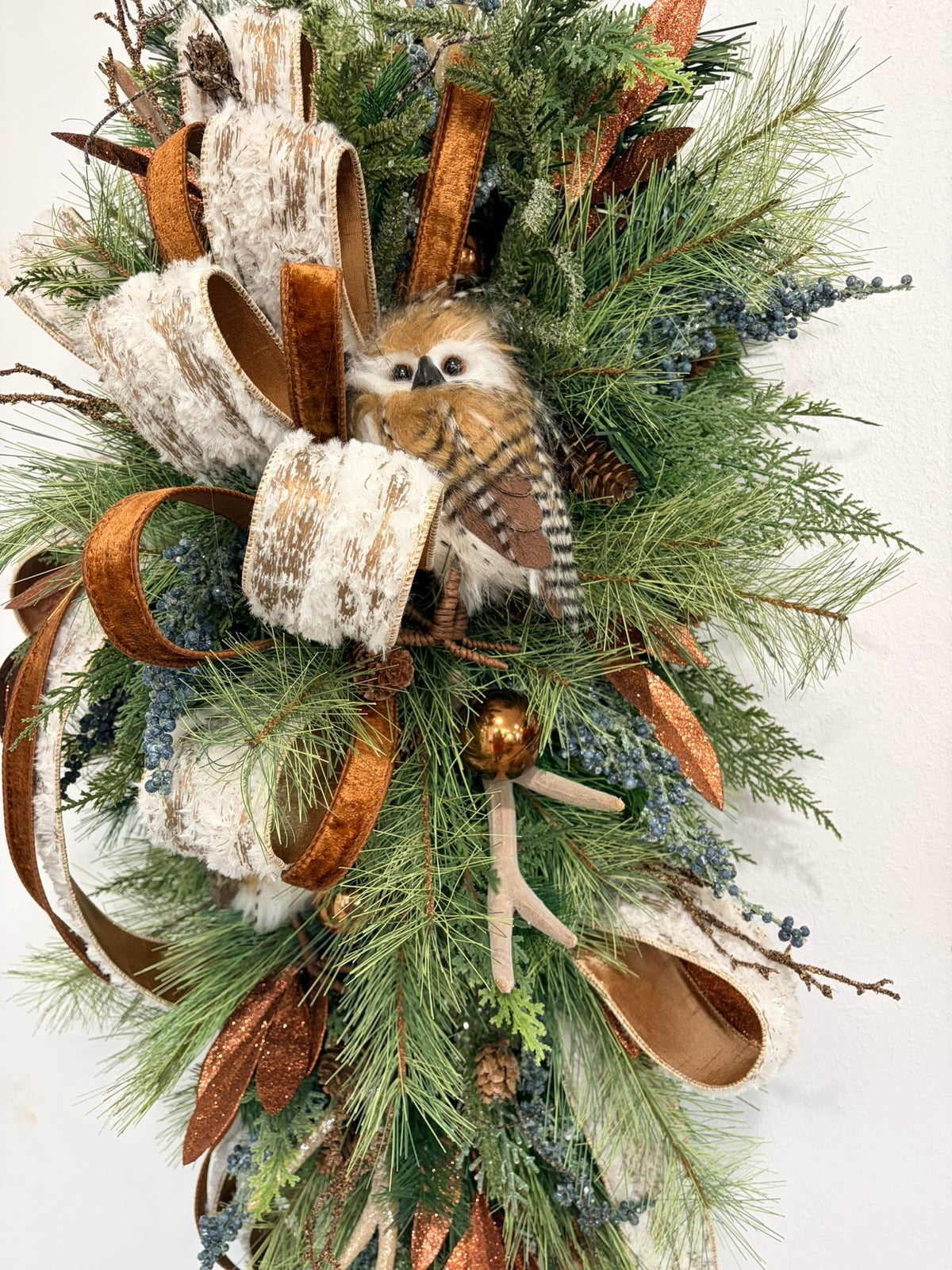 Woodlands Owl & Antler Christmas Door Swag with Southern Pine and Velvet Ribbon-2212 TCT Crafts