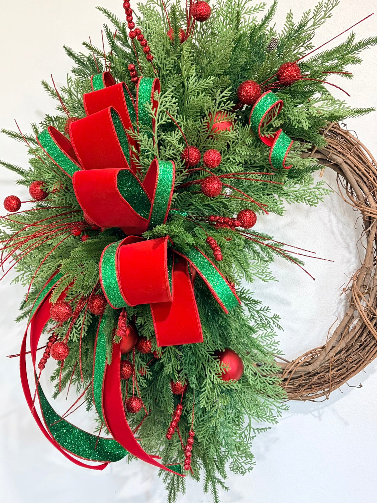 Large Whimsical Red & Green Christmas Grapevine Wreath – 36" TCT Crafts Designs & Decor