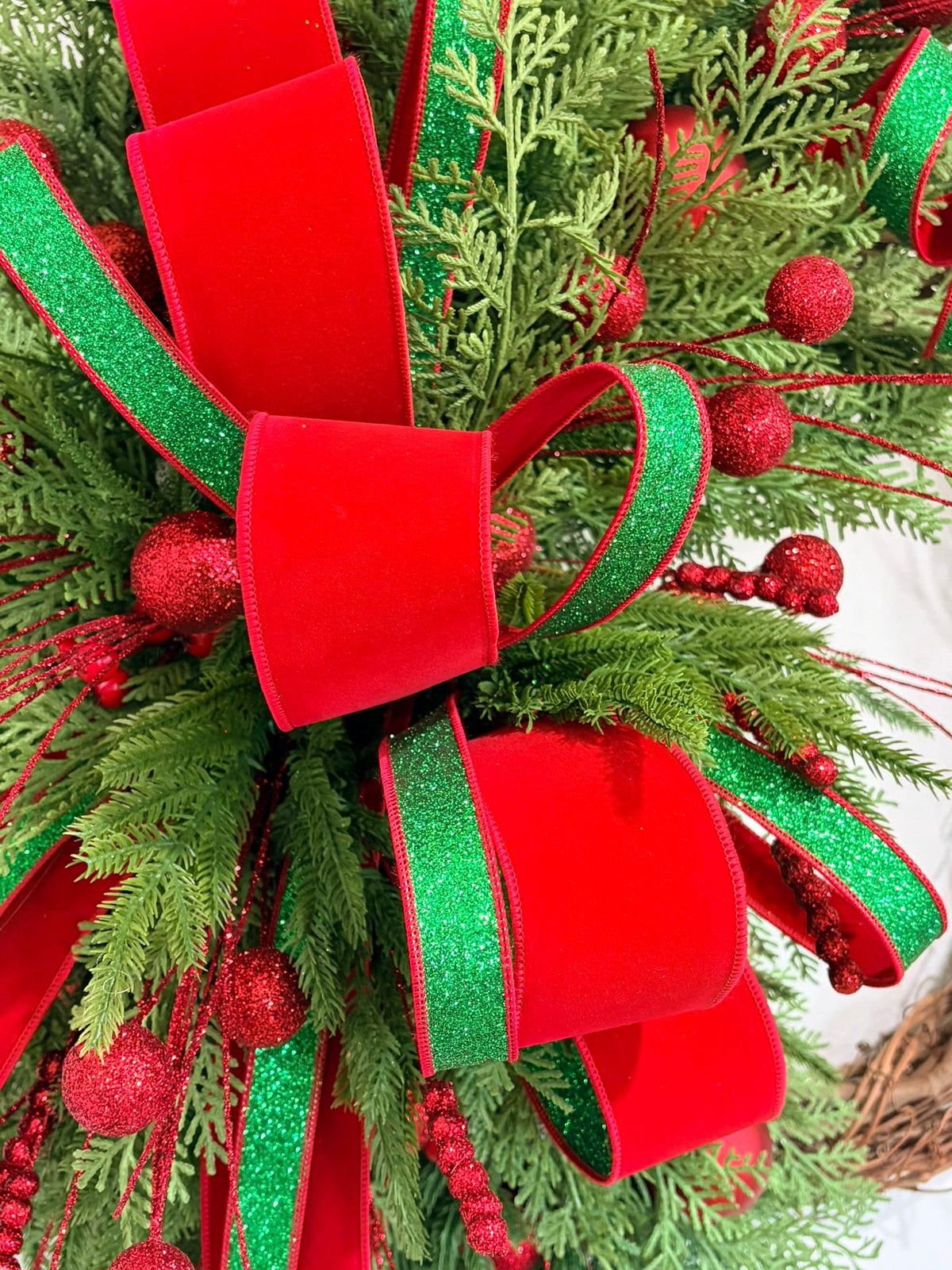 Large Whimsical Red & Green Christmas Grapevine Wreath – 36" TCT Crafts Designs & Decor