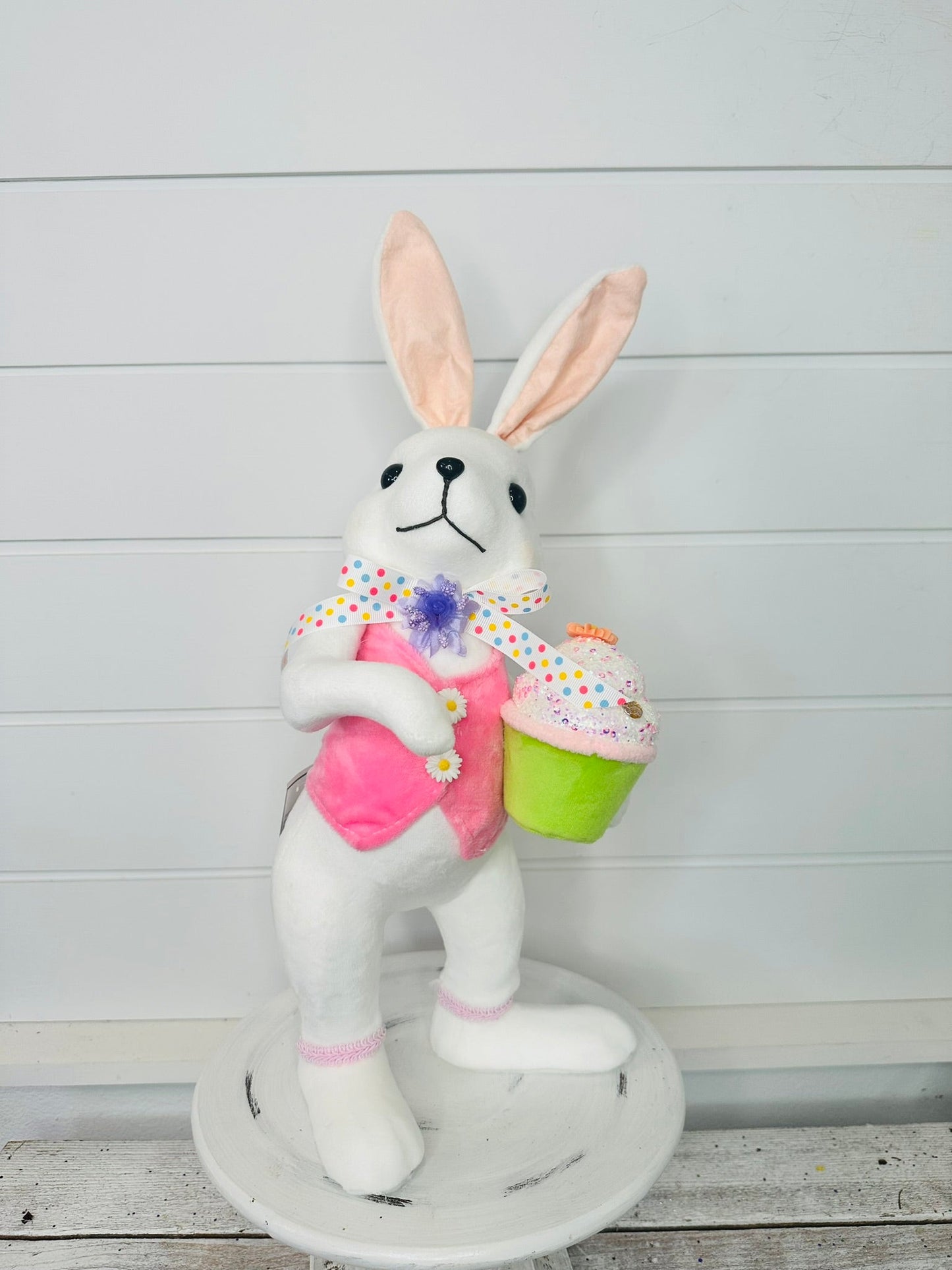 15.25" Set of 2 Styrofoam Standing Bunnies with Cupcake - White and Pastel Spring Decorations- Easter Home Decor (MT26006) Regency
