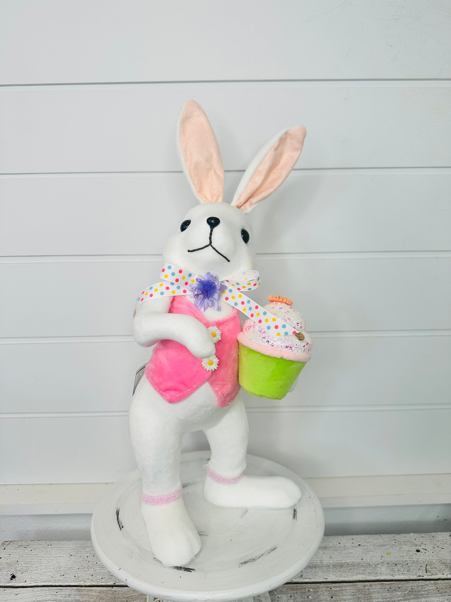 15.25" Set of 2 Styrofoam Standing Bunnies with Cupcake - White and Pastel Spring Decorations- Easter Home Decor (MT26006) Regency