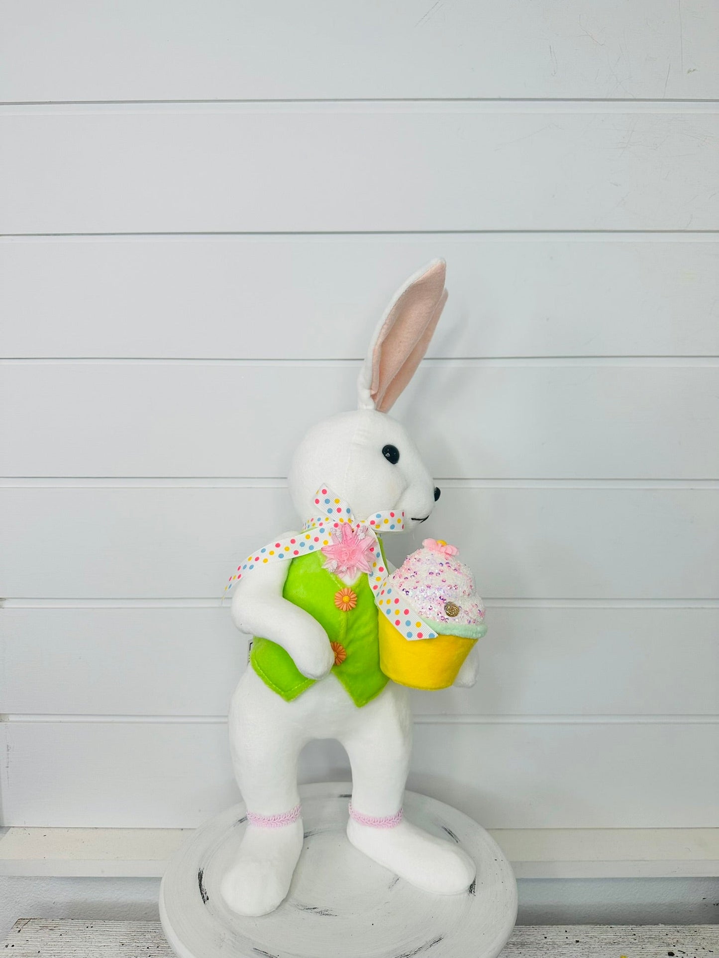15.25" Set of 2 Styrofoam Standing Bunnies with Cupcake - White and Pastel Spring Decorations- Easter Home Decor (MT26006) Regency