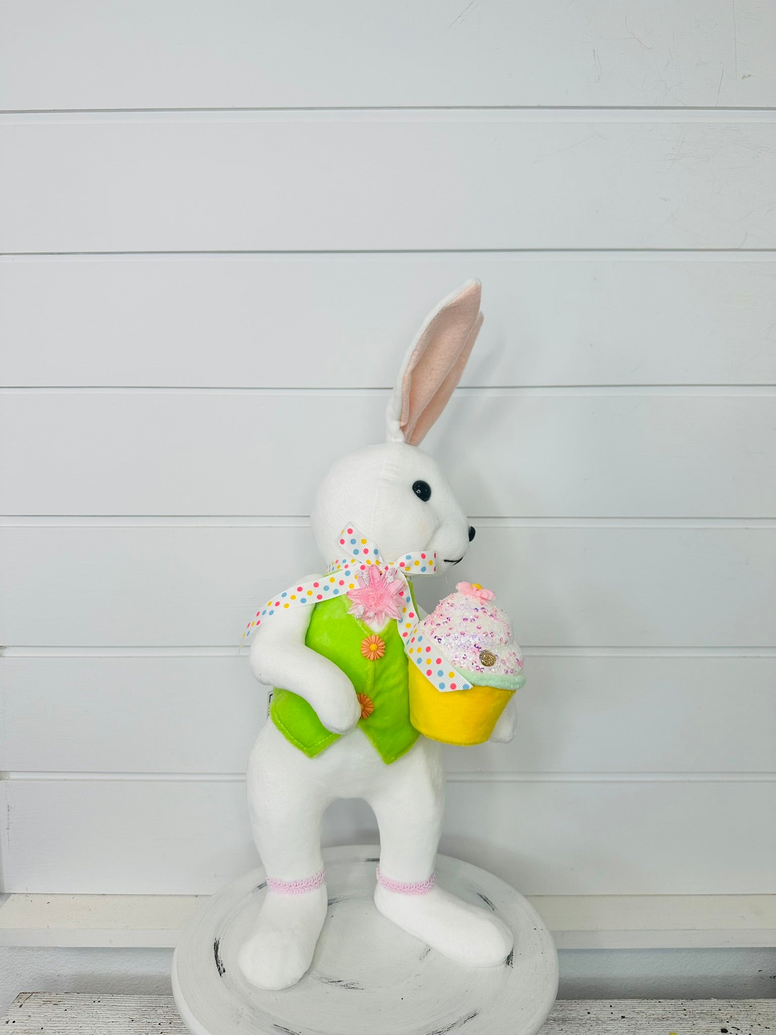 15.25" Set of 2 Styrofoam Standing Bunnies with Cupcake - White and Pastel Spring Decorations- Easter Home Decor (MT26006) Regency