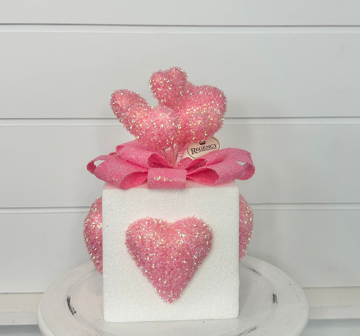 10.5" Valentine's Day Glitter Foam Gift Box with Hearts - Pink and White Decor - Foam gift box wreath attachment - TCT Crafts (MTX70784RDWH) Regency