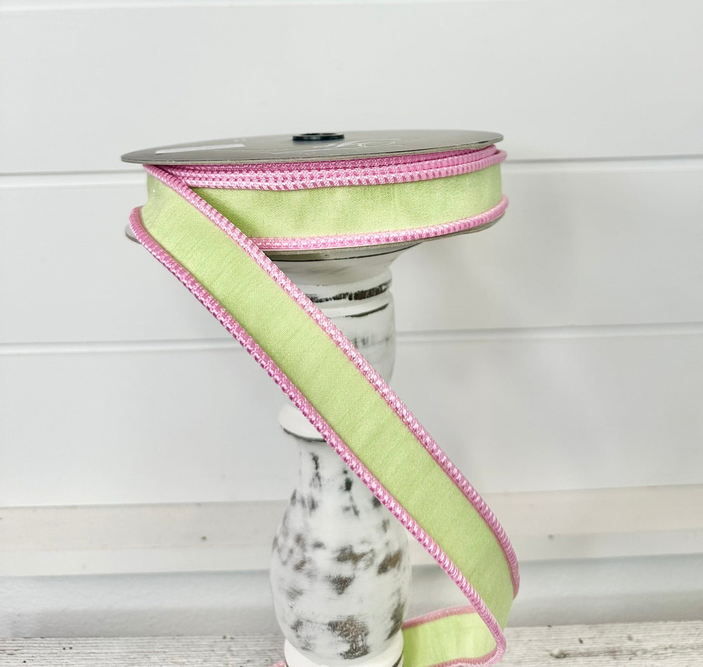 1"x10yd Designer Farrisilk Sherbert Cord Mint Green Wired Ribbon with Pink Trim - Mint Green Spring Wired Ribbon by TCT Crafts (RK531-13)